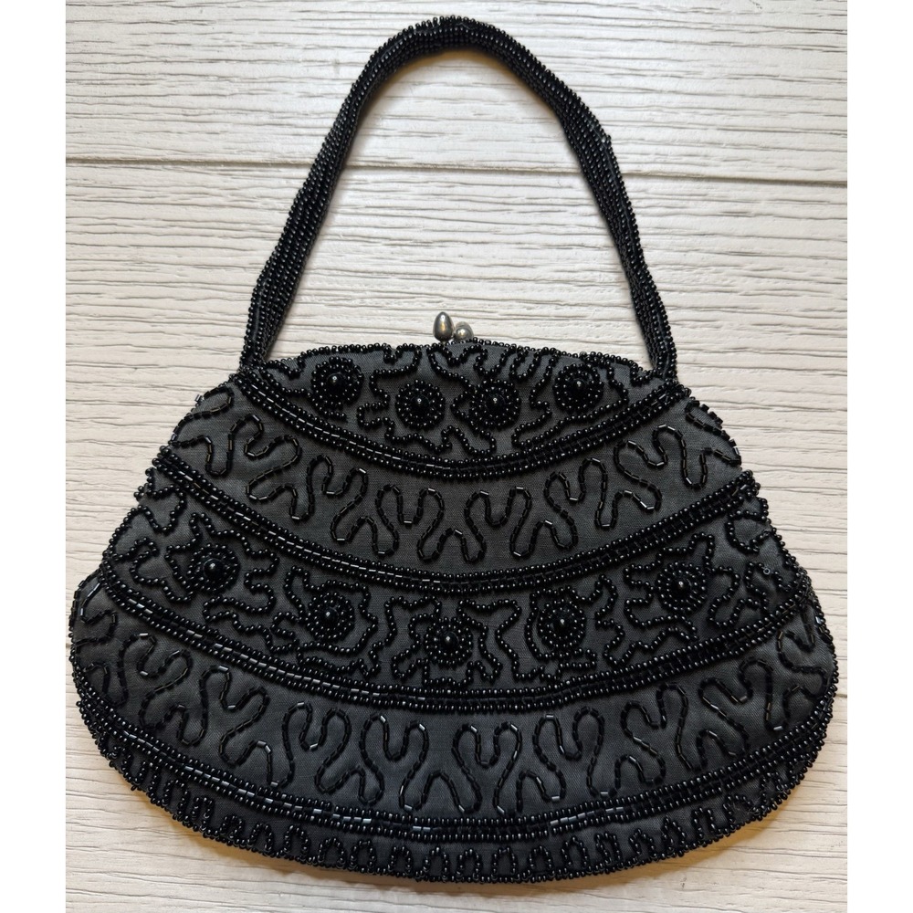 Sharonee Kiss Lock Small Black Beaded Satin Lined Purse Handbag‎ W Beaded Strap